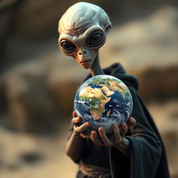 An alien wearing a black robe holding a miniature Earth in front of him