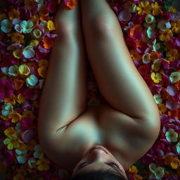 A sensual naked woman lies on her back in a bed of vibrant, colorful flowers