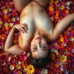 A sensual naked woman lies on her back in a bed of vibrant, colorful flowers