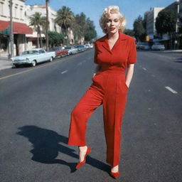 Marilyn Monroe dressed in a bright red jumpsuit, striking a pose on a bustling California boulevard