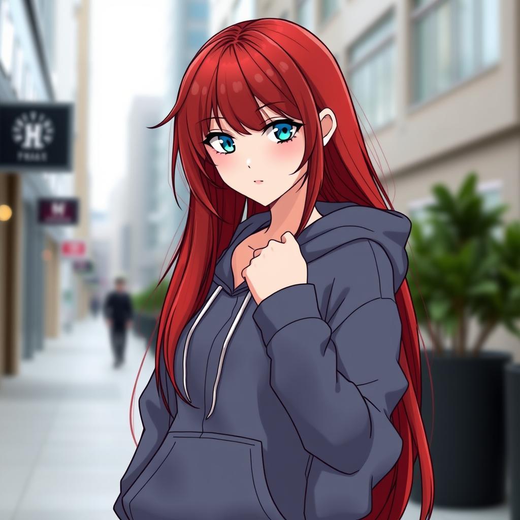 Rias Gremory, the captivating character with her signature long red hair and striking blue eyes, is wearing a casual yet stylish hoodie