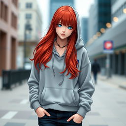 Rias Gremory, the captivating character with her signature long red hair and striking blue eyes, is wearing a casual yet stylish hoodie