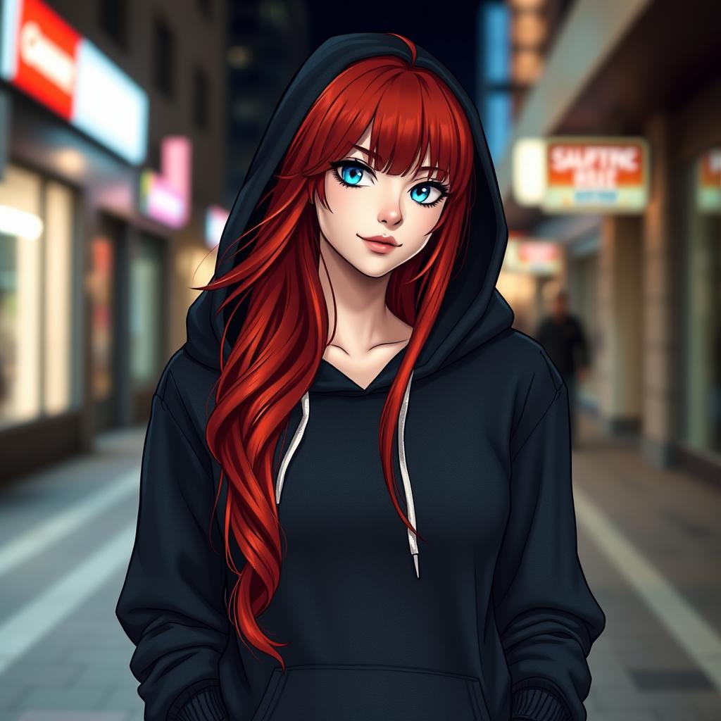 Rias Gremory, the captivating character with her signature long red hair and striking blue eyes, is wearing a casual yet stylish hoodie