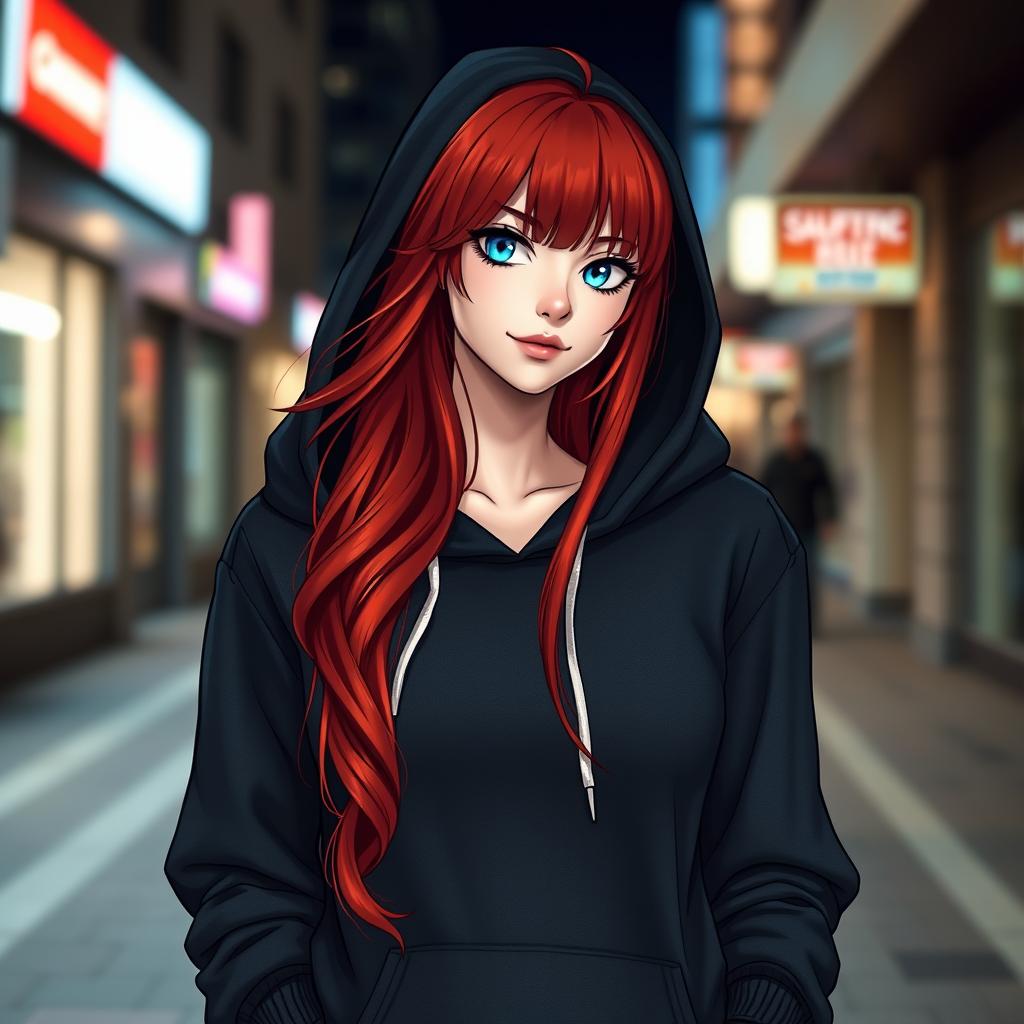 Rias Gremory, the captivating character with her signature long red hair and striking blue eyes, is wearing a casual yet stylish hoodie