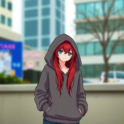 Rias Gremory, the captivating character with her signature long red hair and striking blue eyes, is wearing a casual yet stylish hoodie