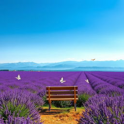 A mesmerizing landscape featuring a vast field of vibrant lavender under a clear blue sky