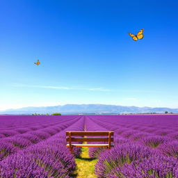 A mesmerizing landscape featuring a vast field of vibrant lavender under a clear blue sky