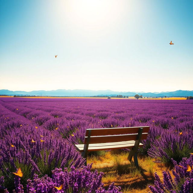 A mesmerizing landscape featuring a vast field of vibrant lavender under a clear blue sky