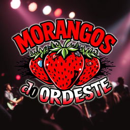 A vibrant and dynamic logo for a rock band named "Morangos do Nordeste"