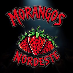 A vibrant and dynamic logo for a rock band named "Morangos do Nordeste" with a touch of metal band elements