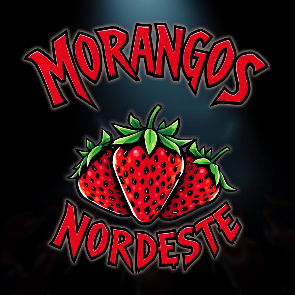 A vibrant and dynamic logo for a rock band named "Morangos do Nordeste" with a touch of metal band elements