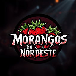 A vibrant and dynamic logo for a rock band named "Morangos do Nordeste" with a touch of metal band elements