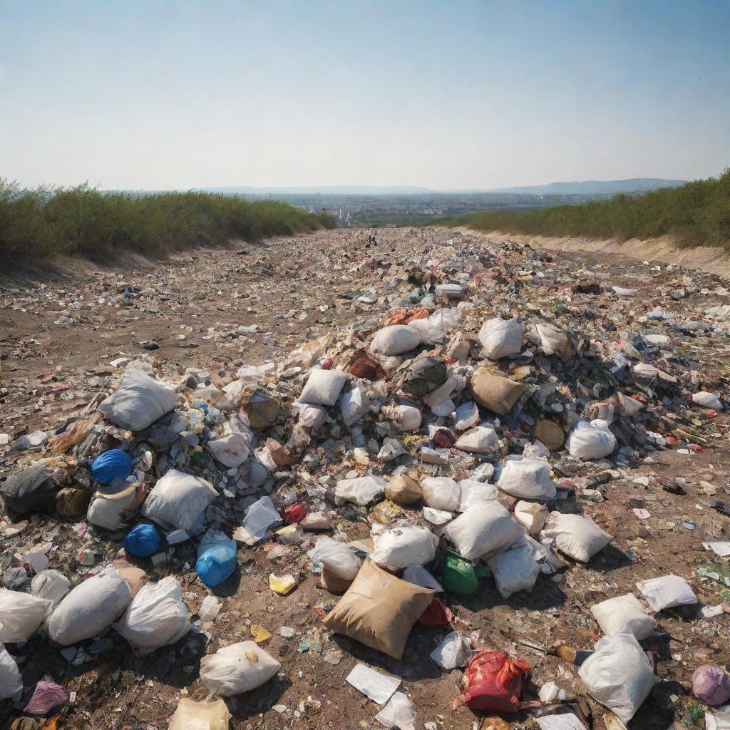 A pile of glistening trash under the scorching summer sun, imparting a realistic, yet unpleasant scenery