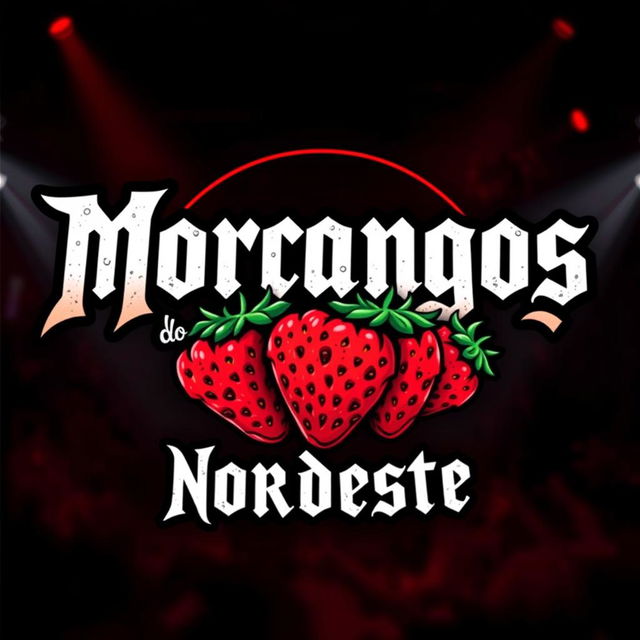 A vibrant and dynamic logo for a rock band named "Morangos do Nordeste" with a touch of metal band elements