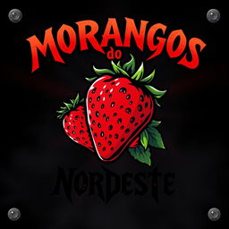 A vibrant and dynamic logo for a rock band named "Morangos do Nordeste" with a touch of metal band elements