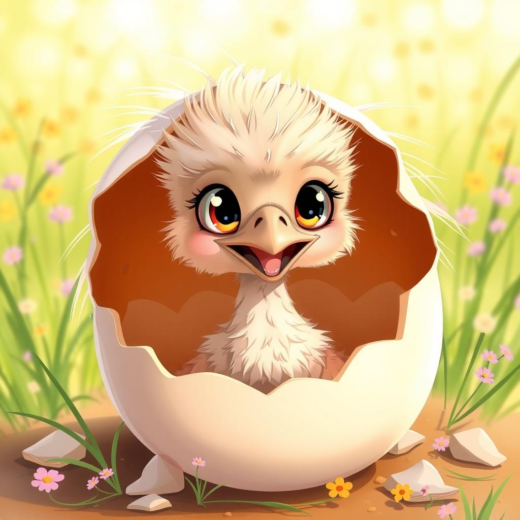 A cute and cartoon-style depiction of a baby emu hatching from its eggshell