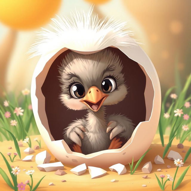 A cute and cartoon-style depiction of a baby emu hatching from its eggshell