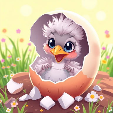 A cute and cartoon-style depiction of a baby emu hatching from its eggshell