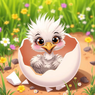 A cute and cartoon-style depiction of a baby emu hatching from its eggshell