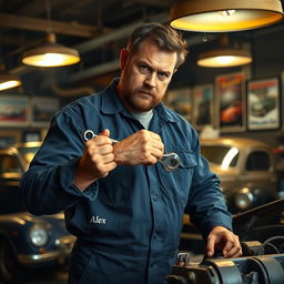 A rugged and sturdy mechanic in a workshop, surrounded by tools and car parts