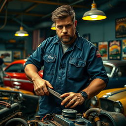 A rugged and sturdy mechanic in a workshop, surrounded by tools and car parts