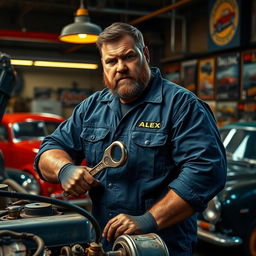 A rugged and sturdy mechanic in a workshop, surrounded by tools and car parts