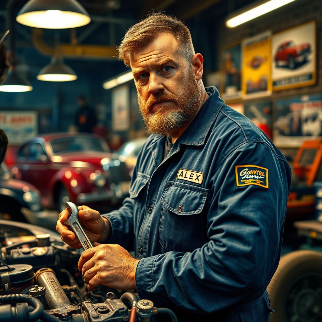 A rugged and sturdy mechanic in a workshop, surrounded by tools and car parts