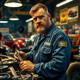 A rugged and sturdy mechanic in a workshop, surrounded by tools and car parts