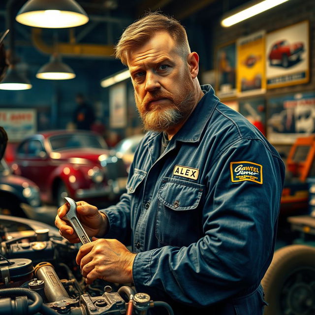 A rugged and sturdy mechanic in a workshop, surrounded by tools and car parts