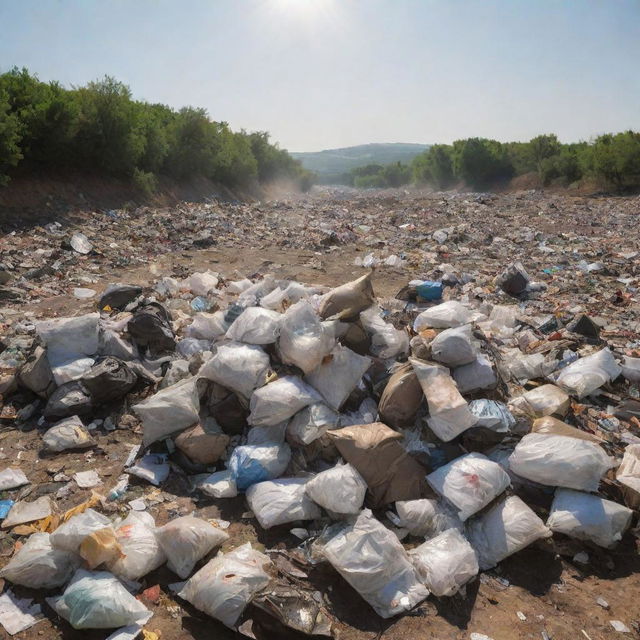 A pile of glistening trash under the scorching summer sun, imparting a realistic, yet unpleasant scenery