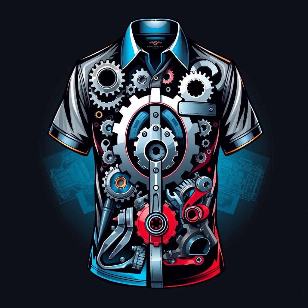 A stylish automotive engineering themed shirt design