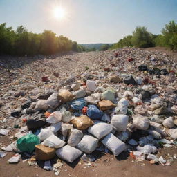 A pile of glistening trash under the scorching summer sun, imparting a realistic, yet unpleasant scenery