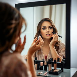 A woman applying makeup in front of a vanity mirror