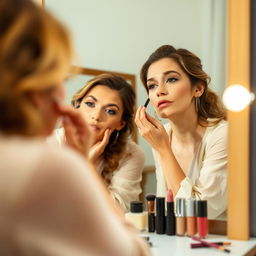 A woman applying makeup in front of a vanity mirror