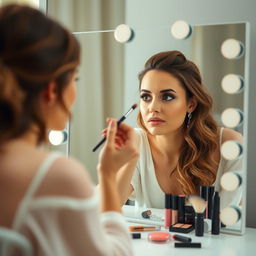 A woman applying makeup in front of a vanity mirror