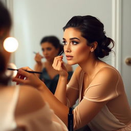 A woman applying makeup in front of a vanity mirror