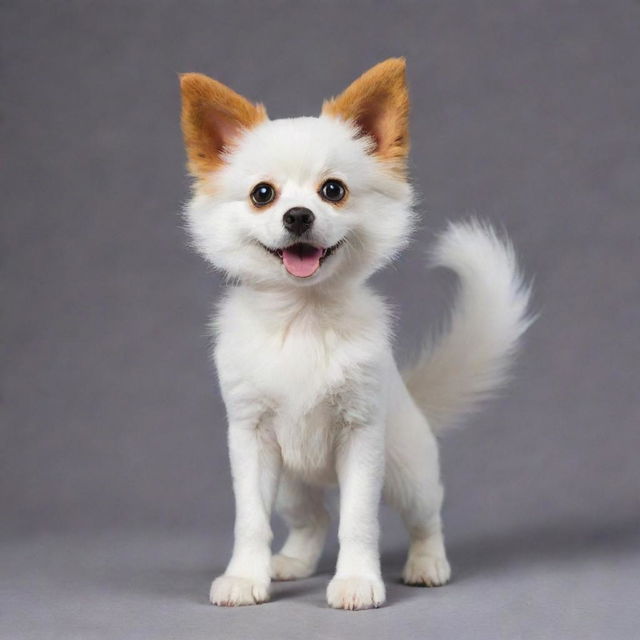 A unique and whimsical creature that is half cat, half dog. One side boasts the graceful agility of a cat, covered in soft, short fur. The other side displays the playful mirth of a dog, complete with floppy ears and wagging tail.