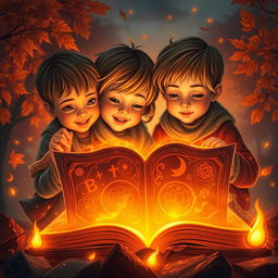 Two kids filled with a sense of adventure, exploring a mystical unbound book that glows with an orange theme