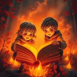 Two kids filled with a sense of adventure, exploring a mystical unbound book that glows with an orange theme