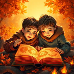 Two kids filled with a sense of adventure, exploring a mystical unbound book that glows with an orange theme