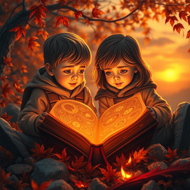 Two kids filled with a sense of adventure, exploring a mystical unbound book that glows with an orange theme