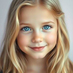 A captivating portrait of a blonde-haired girl with sky blue eyes