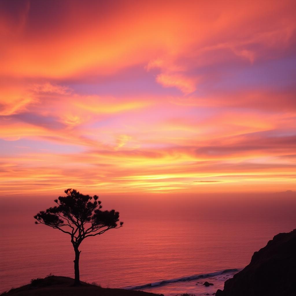 A picturesque sunset view over the ocean from a hilltop