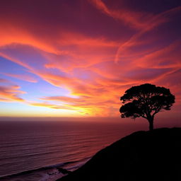 A picturesque sunset view over the ocean from a hilltop