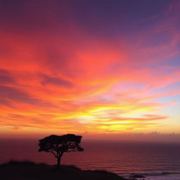 A picturesque sunset view over the ocean from a hilltop