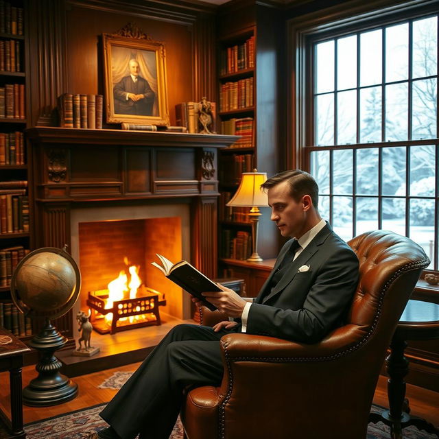 A gentleman, looking sophisticated and poised, wearing a classic suit and tie, is seen sitting in a vintage leather armchair