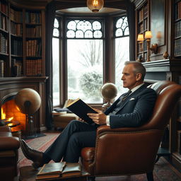 A gentleman, looking sophisticated and poised, wearing a classic suit and tie, is seen sitting in a vintage leather armchair