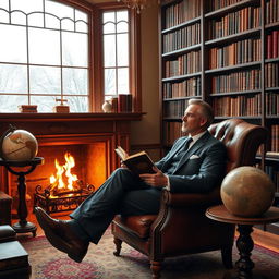 A gentleman, looking sophisticated and poised, wearing a classic suit and tie, is seen sitting in a vintage leather armchair