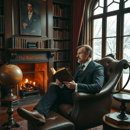 A gentleman, looking sophisticated and poised, wearing a classic suit and tie, is seen sitting in a vintage leather armchair