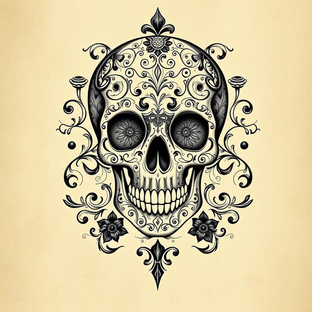 An intricate skull design, featuring ornate patterns and details that create a mesmerizing and artistic visual